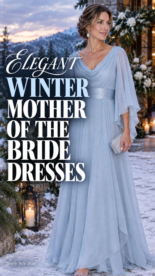 A woman wears a blue gown with drop earrings, for winter mother-of-the-bride dress