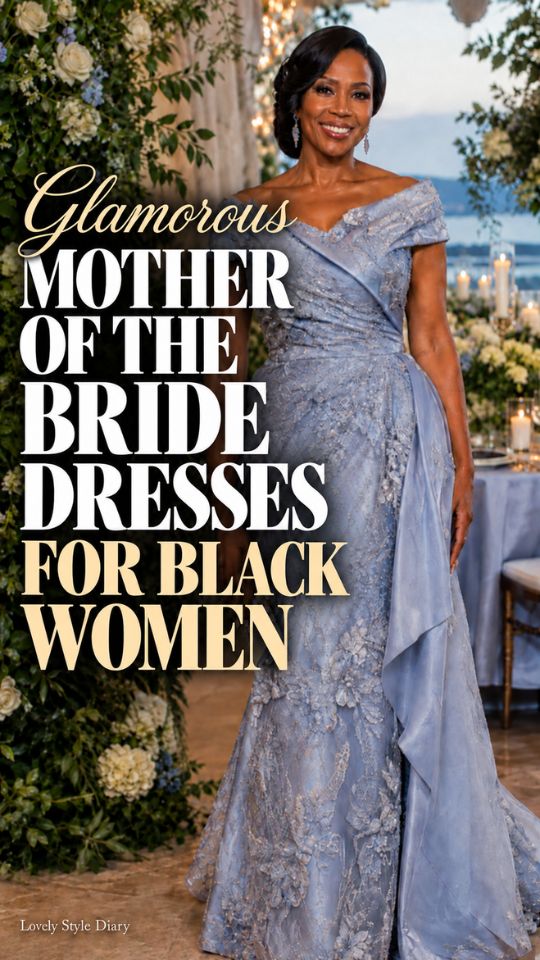 A woman wears a blue gown with earrings, mother of the bride dresses for black women