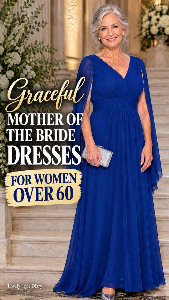 A woman wears a blue gown with heels and a clutch, for mother-of-the-bride dress for women over 60