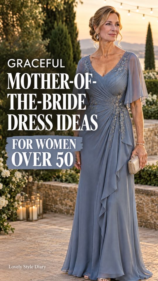 A woman wears a blue gown with sandals and a clutch, for mother-of-the-bride dress for women over 50