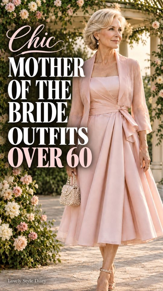 A woman wears a blush midi dress with a sheer matching jacket, illustrating Mother of the Bride Outfits Over 60