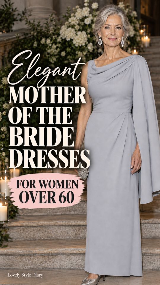 A woman wears a floor-length gray draped gown with a flowing cape sleeve, silver drop earrings, and a metallic clutch, illustrating elegant mother-of-the-bride dresses for women over 60