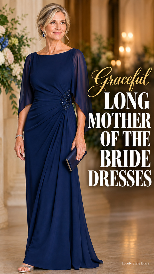 A woman wears a floor-length navy gown with sheer sleeves, a jeweled waist, and a metallic clutch, illustrating long mother-of-the-bride dresses