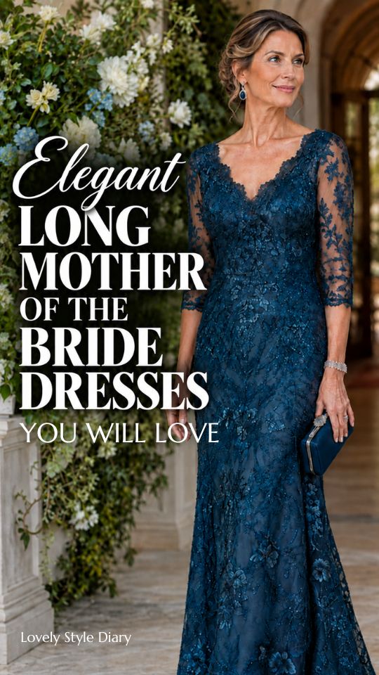 A woman wears a floor-length navy lace gown with sheer sleeves, blue drop earrings, and a beaded clutch, illustrating long elegant mother-of-the-bride dresses