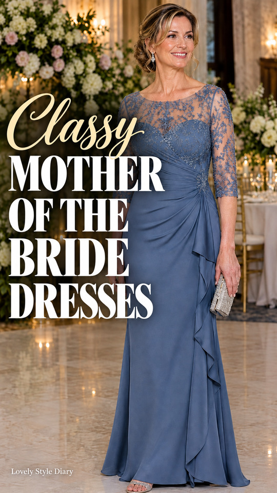 A woman wears a gray gown with open-toe sandals and a clutch, for a classy mother-of-the-bride dress
