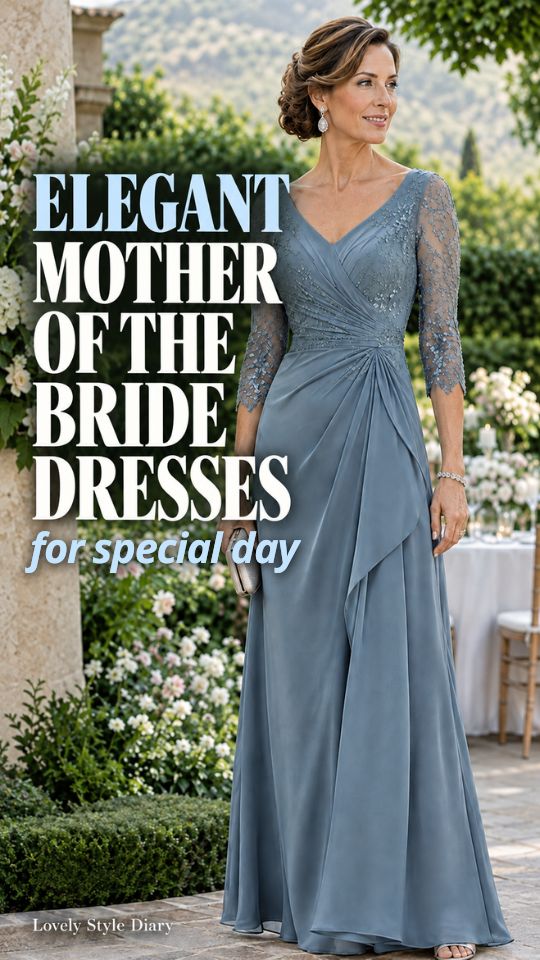 A woman wears a gray lace gown with open-toe sandals and drop earrings, for mother-of-the-bride dress