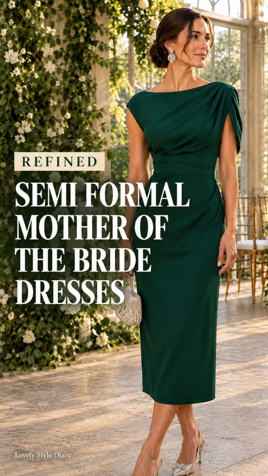 A woman wears a green dress with sandals and a clutch, for semi formal mother-of-the-bride dresses