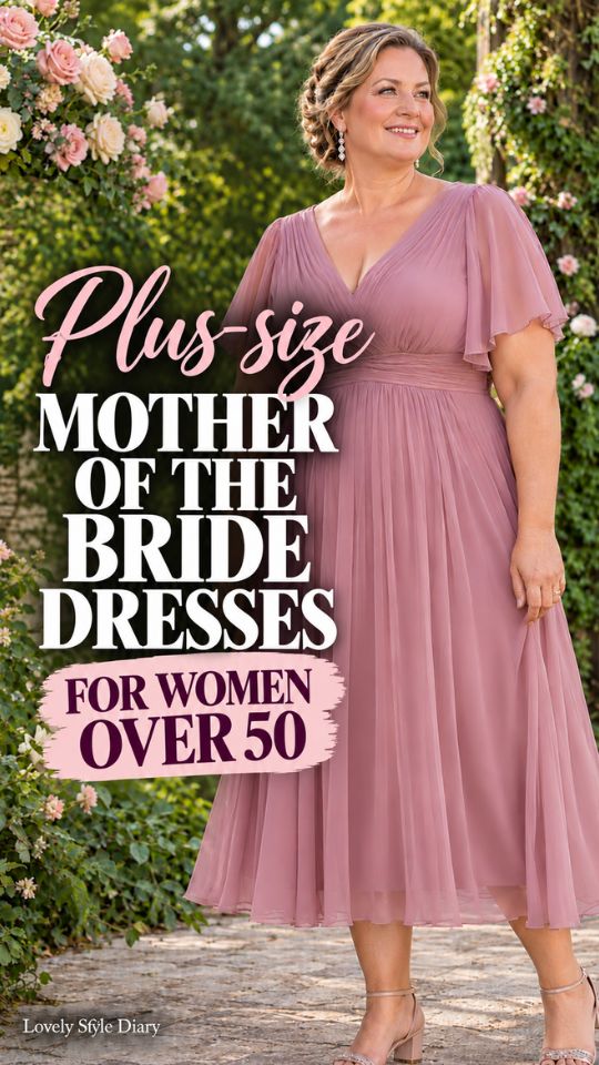 A woman wears a mauve pleated midi dress with flutter sleeves, strappy sandals, illustrating mother-of-the-bride dresses for plus-size women over 50