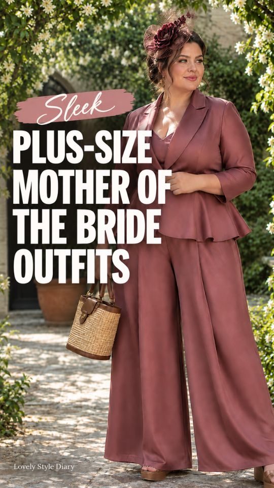 A woman wears a mauve top with wide-leg trousers, shoes, and a fascinator, for plus size mother-of-the-bride outfit