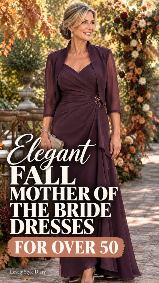 A woman wears a plum wrap-style maxi dress with a matching cropped jacket, taupe heels, illustrating fall mother-of-the-bride dresses for women over 50