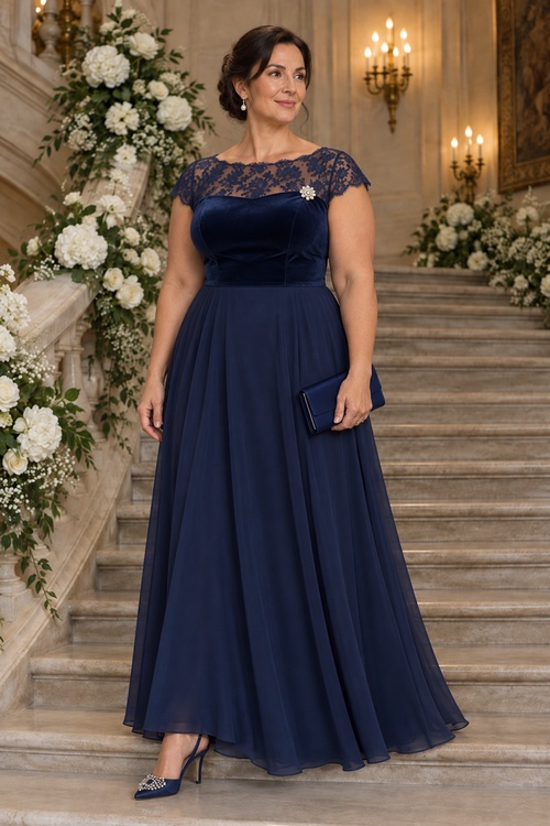 Plus-size woman in a navy evening gown on a grand staircase