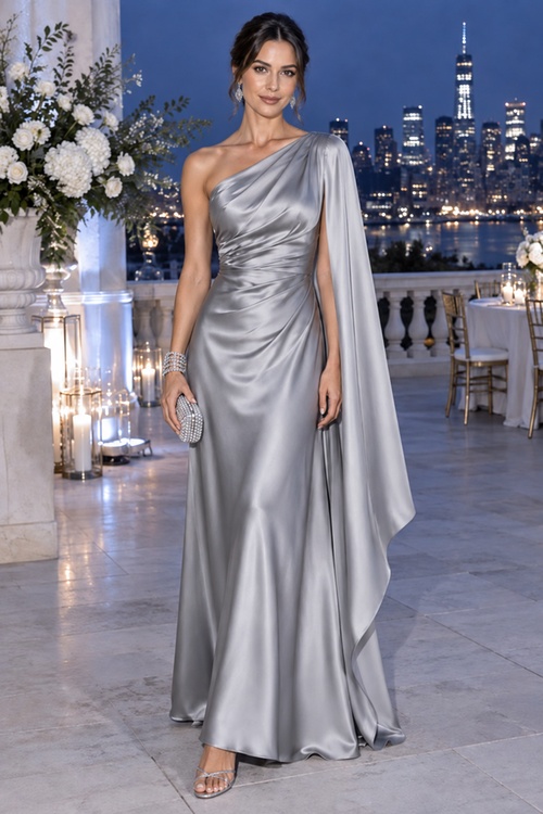 Woman in a silver one-shoulder gown at an evening rooftop wedding