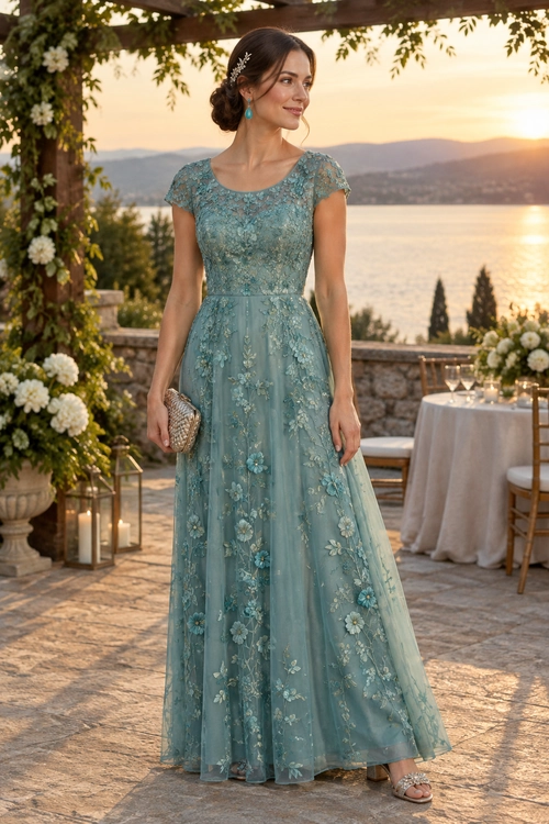 Aqua Floral Embroidered Evening Dress Woman wearing a floor-length aqua dress with floral embroidery, short sleeves, a metallic clutch, dangling earrings, and heeled sandals.