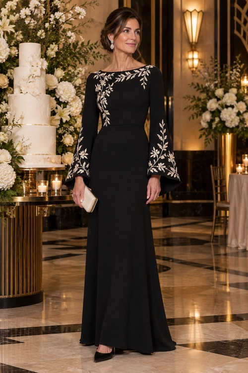 A woman wears a floor-length black evening gown with white floral embroidery on the neckline and flared sleeves, styled with a cream clutch and black heels.