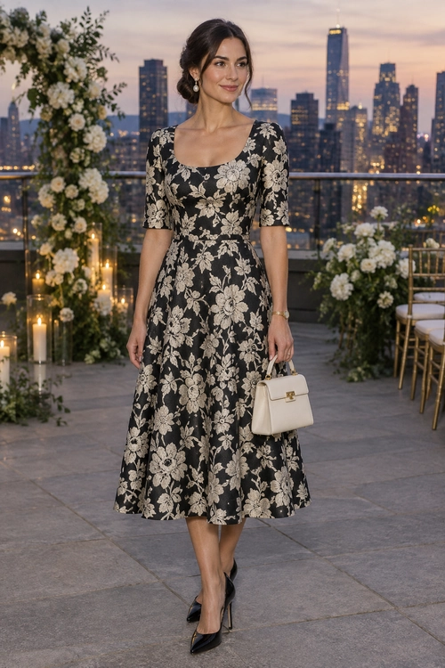 Black Floral Midi Dress Outfit A woman wears a black midi dress with a cream floral print, pointed black heels, and a structured cream handbag.