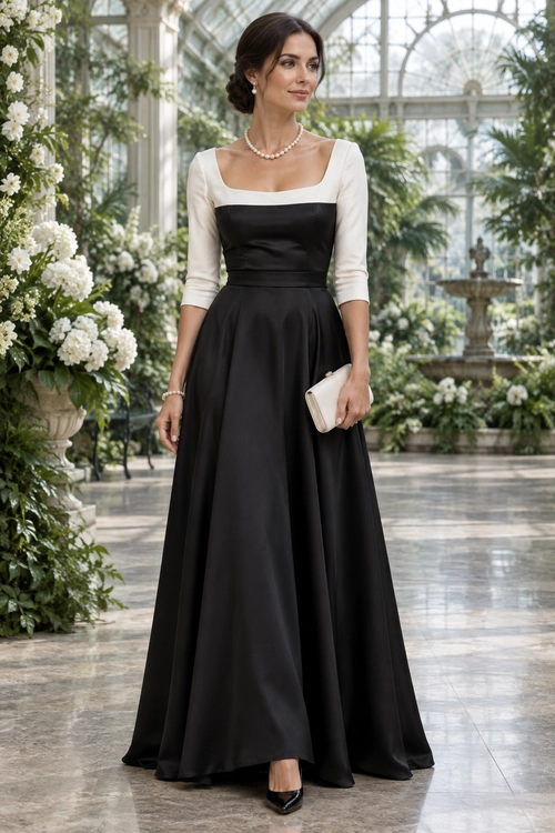 Black and Ivory Square-Neck Dress A woman wears a black and ivory square-neck maxi dress with three-quarter sleeves, pearl jewelry, a cream clutch, and black heels.