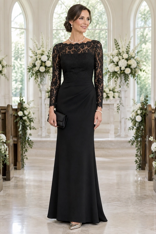 Woman wearing a floor-length black gown with sheer lace sleeves, a black clutch, pearl jewelry, and metallic pointed shoes.