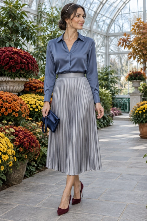 A woman wears a blue button-up blouse with a silver pleated midi skirt, burgundy heels, and a navy clutch.