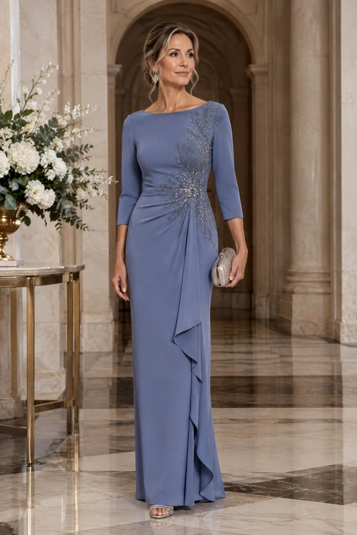 Blue Embellished Draped Gown A woman wearing a long blue-gray gown with three-quarter sleeves, sparkling embellishment, a draped skirt, a metallic clutch, and open-toe sandals.