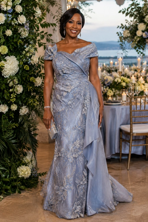 Woman wearing a blue-gray floral lace floor-length gown with an off-the-shoulder neckline and draped asymmetrical train.