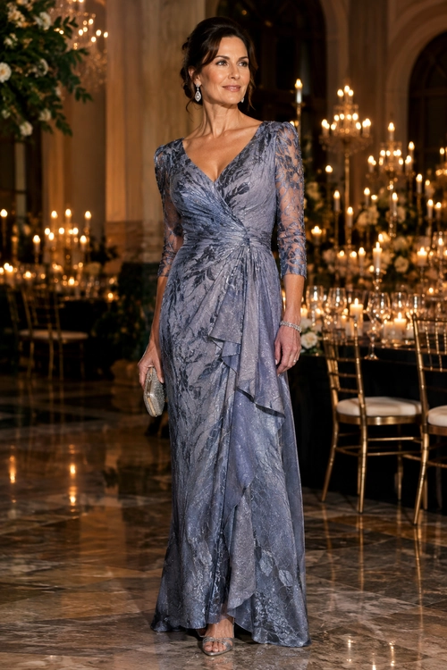Blue Gray Draped Evening Gown Woman wearing a floor-length blue-gray gown with sheer lace sleeves, floral embroidery, and a draped ruffle skirt.