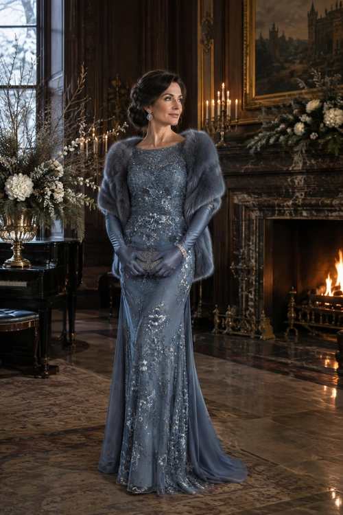 A woman wears a blue-gray embellished floor-length gown with matching gloves and a fur stole in an elegant interior.