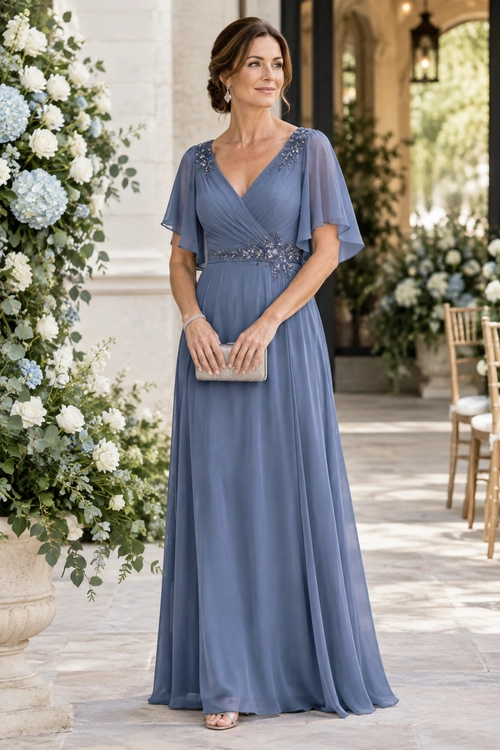 Blue Gray Embellished Flutter Sleeve Dress Woman wearing a blue gray floor-length dress with flutter sleeves, embellished neckline and waist, and a metallic clutch.
