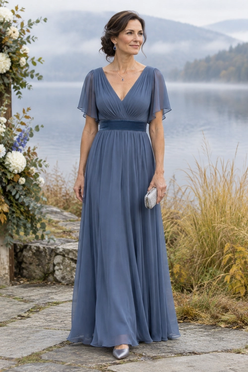 A woman wearing a floor-length blue-gray dress with flutter sleeves and a gathered waist, paired with silver pointed shoes and a small silver clutch.
