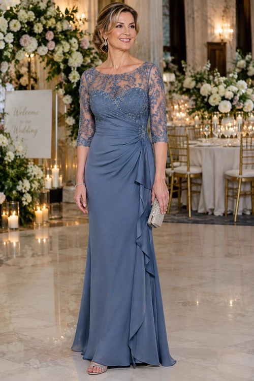 Blue Lace Evening Gown A woman wears a slate blue floor-length gown with lace three-quarter sleeves, draped ruching, a silver clutch, and open-toe sandals.