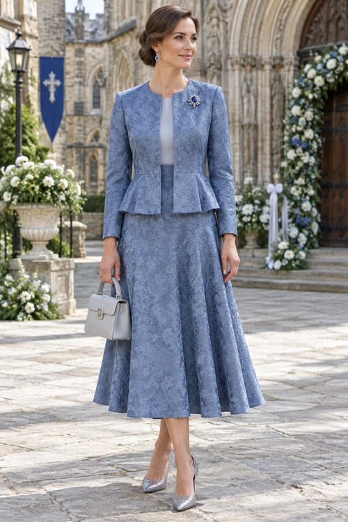 A woman wears a blue patterned peplum jacket with a matching midi skirt, pale blue top, brooch, structured handbag, and pointed pumps.