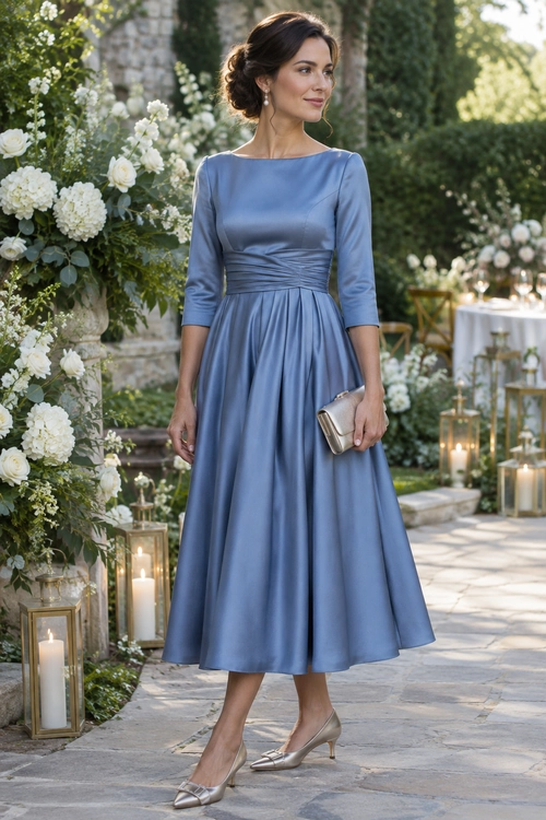 Blue Satin Garden Party Dress Woman wearing a blue satin midi dress with three-quarter sleeves, silver pointed heels, and a silver clutch.