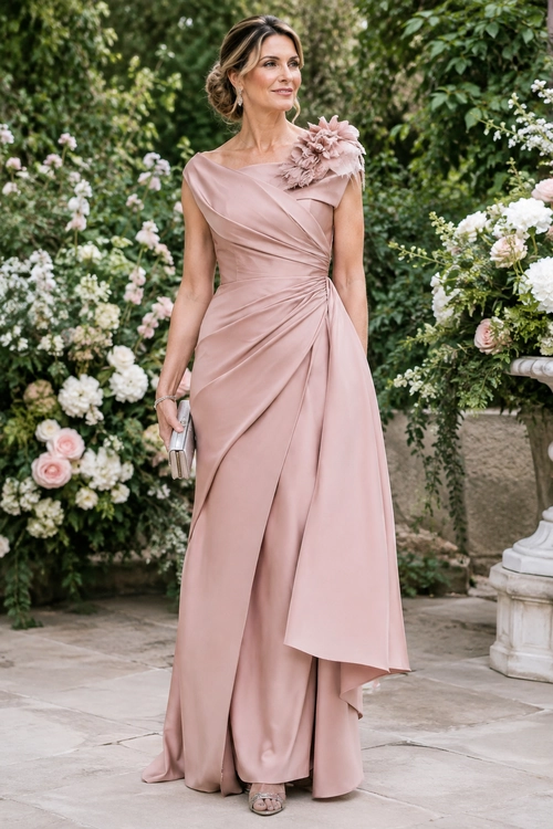 A woman wears a blush pink asymmetrical draped gown with a floral shoulder embellishment, silver clutch, and open-toe sandals in a garden setting.