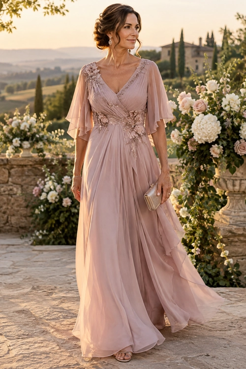 Blush Floral Appliqué Evening Gown Woman wearing a flowing blush pink floor-length gown with flutter sleeves, floral appliqué details, a champagne clutch, and strappy sandals.