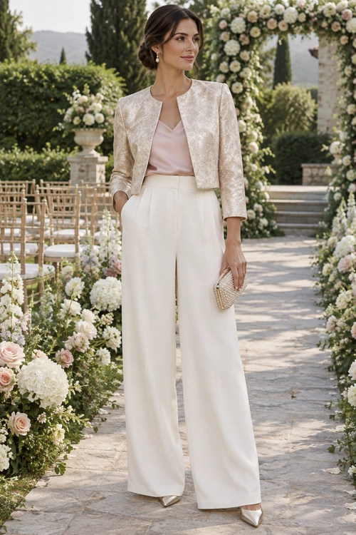 Woman wearing a cropped ivory jacket, blush camisole, wide-leg ivory trousers, pointed heels, and a beaded clutch at a garden wedding setting.