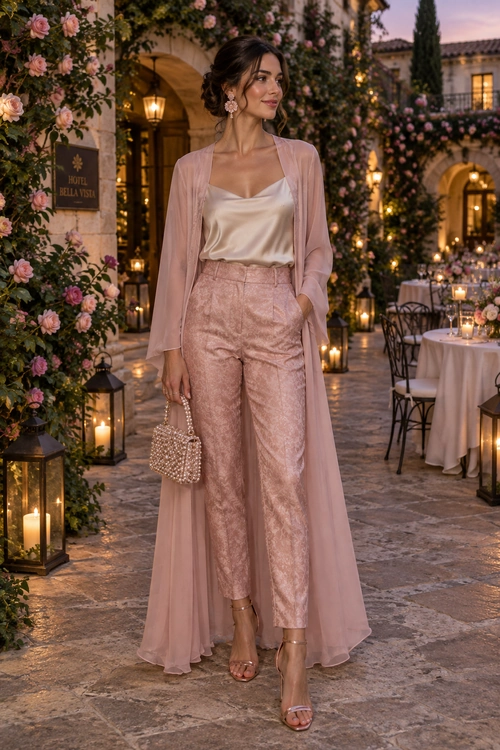 Woman wearing a blush pink sheer duster over a satin camisole, textured trousers, strappy heels, and a beaded clutch.