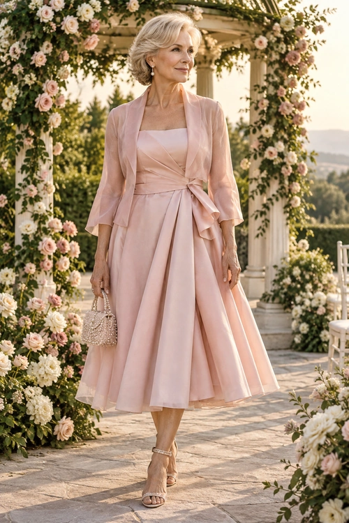Blush Pink Garden Party Dress A woman wears a blush pink midi dress with a matching sheer jacket, strappy heels, and a beaded handbag in a flower-filled garden.