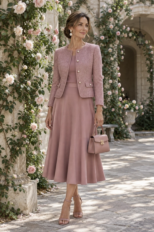 Blush Pink Garden Party Outfit A woman wears a blush pink tweed jacket over a matching midi dress with a structured handbag and strappy heels.