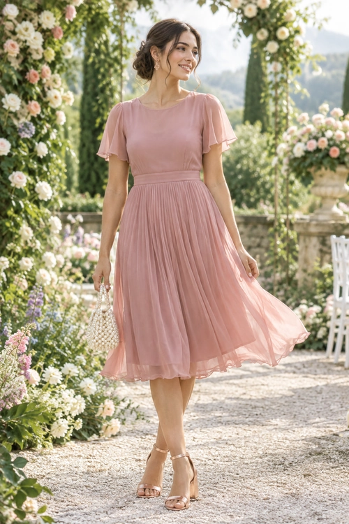 Blush Pink Pleated Garden Party Dress Woman wearing a blush pink flutter-sleeve pleated midi dress with a pearl-beaded handbag and strappy sandals in a flower-filled garden.