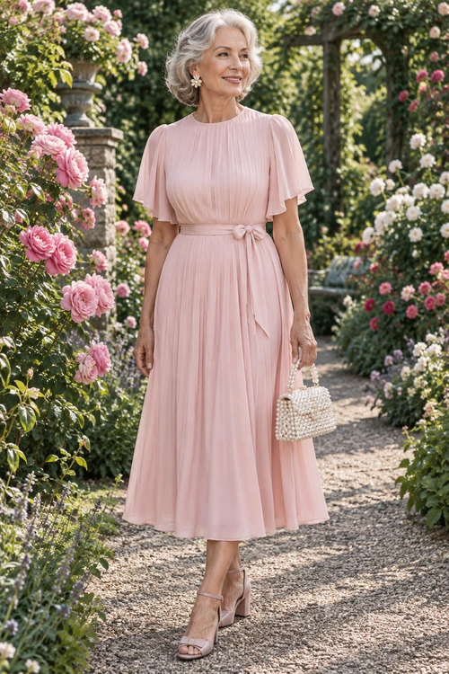 Woman wearing a blush pink pleated midi dress with flutter sleeves and a tied waist, carrying a pearl-beaded handbag and wearing nude block-heel sandals in a rose garden.