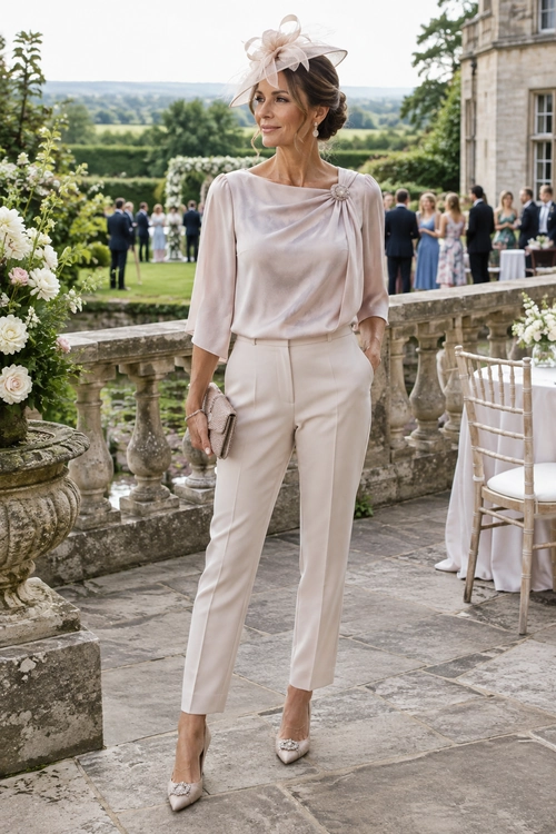 Woman wearing a blush satin blouse, tailored trousers, fascinator, clutch, and pointed heels at an outdoor formal event.
