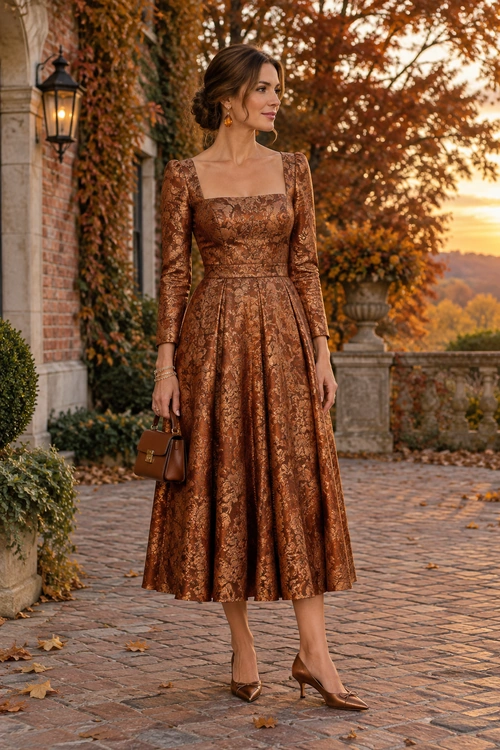 Woman wearing a bronze floral brocade midi dress with long sleeves, brown pointed heels, and a structured handbag.