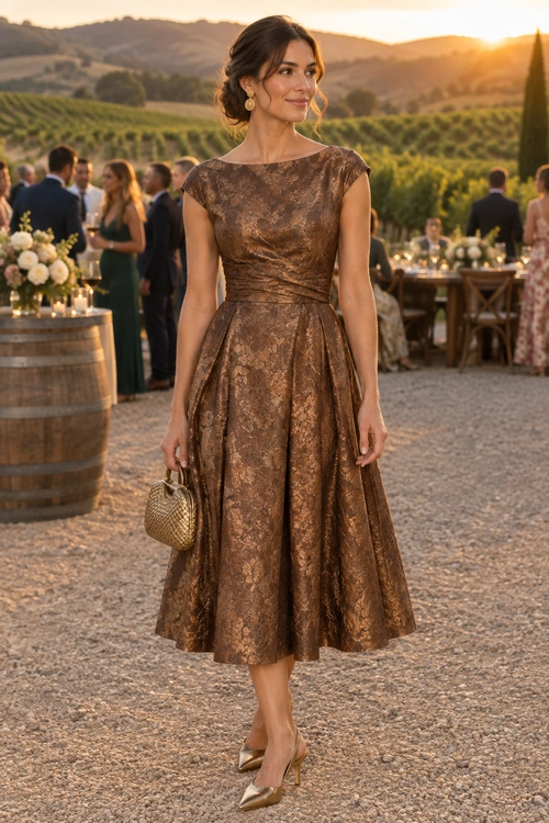 Bronze Jacquard Midi Dress Woman wearing a bronze floral jacquard fit-and-flare midi dress with a textured clutch and pointed metallic shoes at an outdoor event.