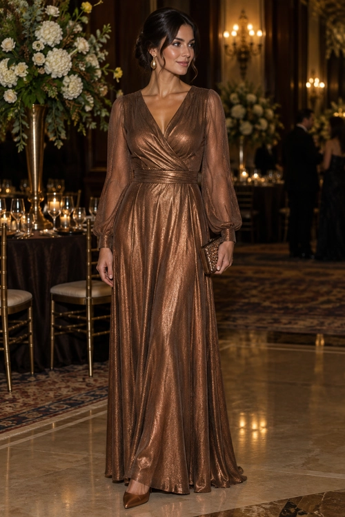 Bronze Metallic Wrap Maxi Dress A woman wears a bronze metallic wrap maxi dress with sheer long sleeves, pointed-toe heels, hoop earrings, and a small clutch.