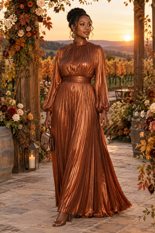 A woman wears a long metallic bronze pleated dress with voluminous sleeves, a wide waistband, heeled sandals, drop earrings, and a small handbag.