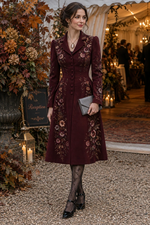 A woman wears a burgundy long-sleeved floral coatdress with patterned tights, black heeled shoes, a gray clutch, and a pendant necklace.