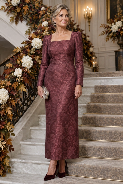 Burgundy Floral Jacquard Dress A woman wearing a burgundy floral jacquard dress with long sleeves, matching heels, and a silver clutch on a grand staircase.