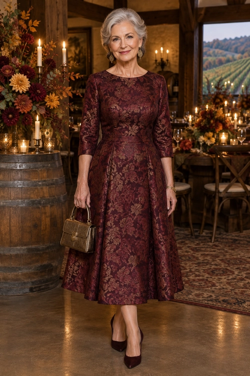 A woman wears a burgundy floral three-quarter-sleeve midi dress with matching heels and carries a small structured brown handbag.