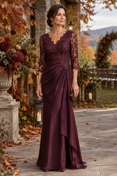 A woman wears a floor-length burgundy gown with sheer floral lace sleeves, a flowing skirt, matching heels, and a small clutch.
