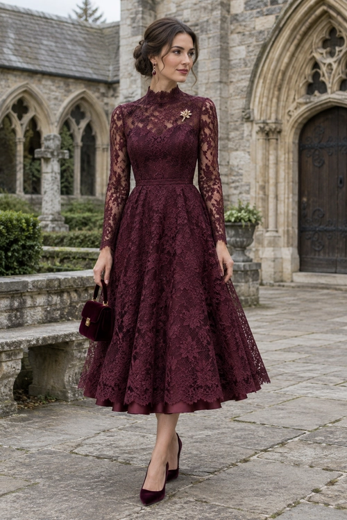 Burgundy Lace Midi Dress Woman wearing a burgundy long-sleeve lace midi dress with matching heels and a small handbag.