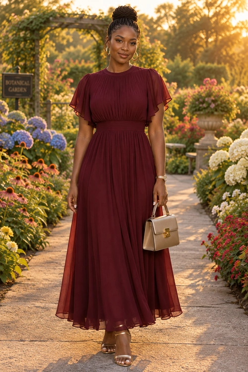 Woman wearing a burgundy pleated maxi dress with flutter sleeves, a beige handbag, hoop earrings, and strappy heeled sandals.